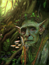 Painting of a green goblin in the woods.