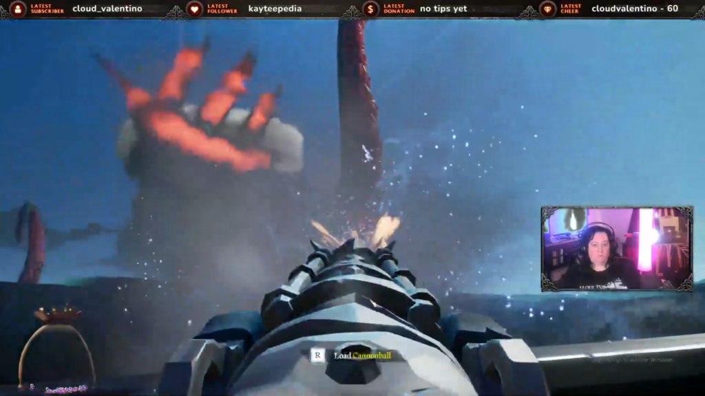 Screenshot of me firing a cannon at a kraken tentacle in the video game Sea of Thieves