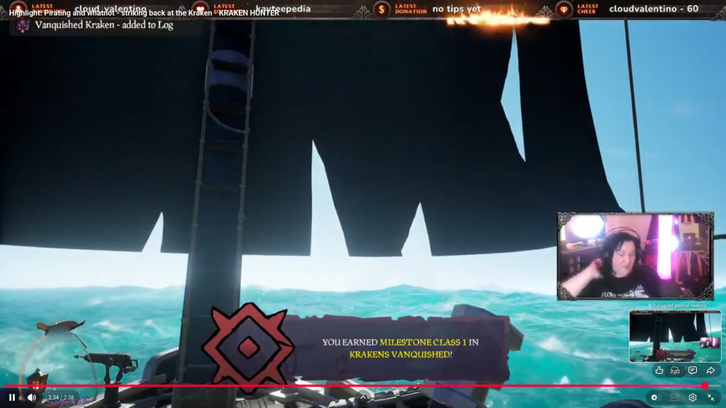 Screenshot Sea of Thieves "You earned Milestone Class I in Krakens vanquished!"