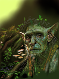 Unfinished painting of an old green goblin in the woods.